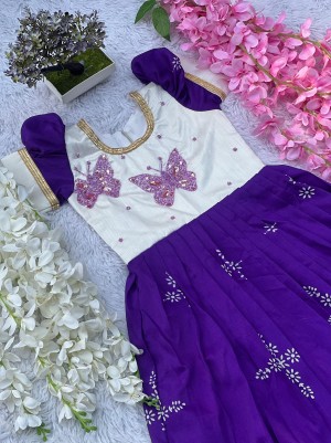 Designer Beautifully Handwork Muslin Cotton Purple Gown